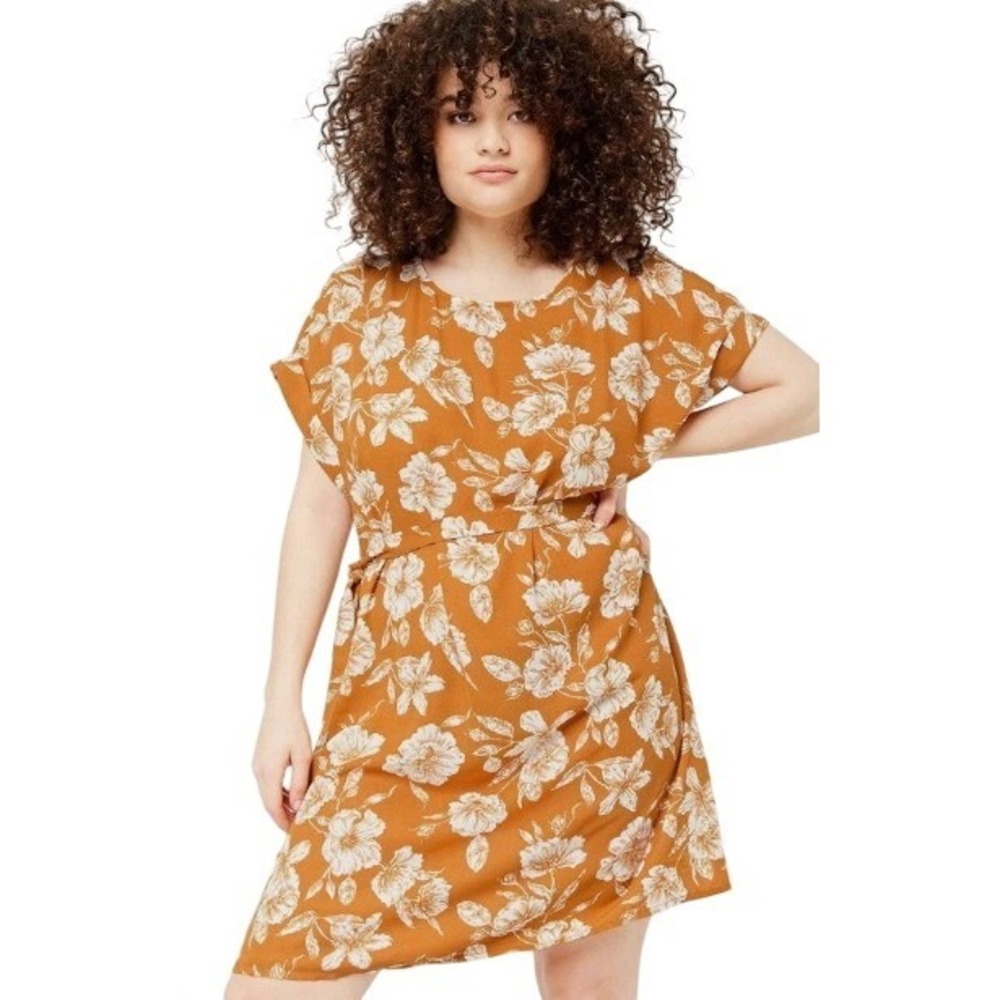 Forever 21+ Womens 3X Floral Tie Waist‎ Cuffed Sleeve Shift Dress Mustard Yellow